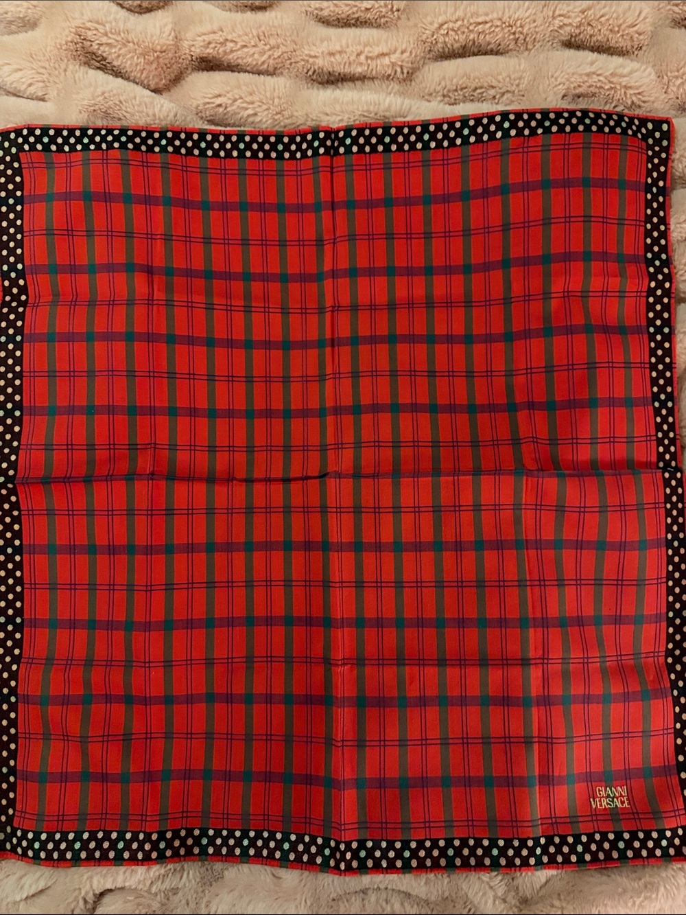 Versace Red Plaid Silk Scarf with Black Polka Dot Border